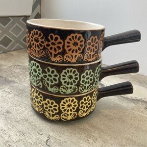Floral Patterned Ceramic Soup Bowls - Set of 3 Onion Vintage Mid Century Decor